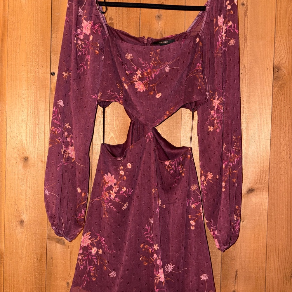 Forever 21 Burgundy Floral Long-Sleeve Cutout Dress